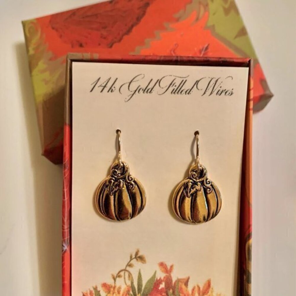 Gold Pumpkin Dangle Earrings Womens on 14k Gold Filled Wires Jewelry Gifts